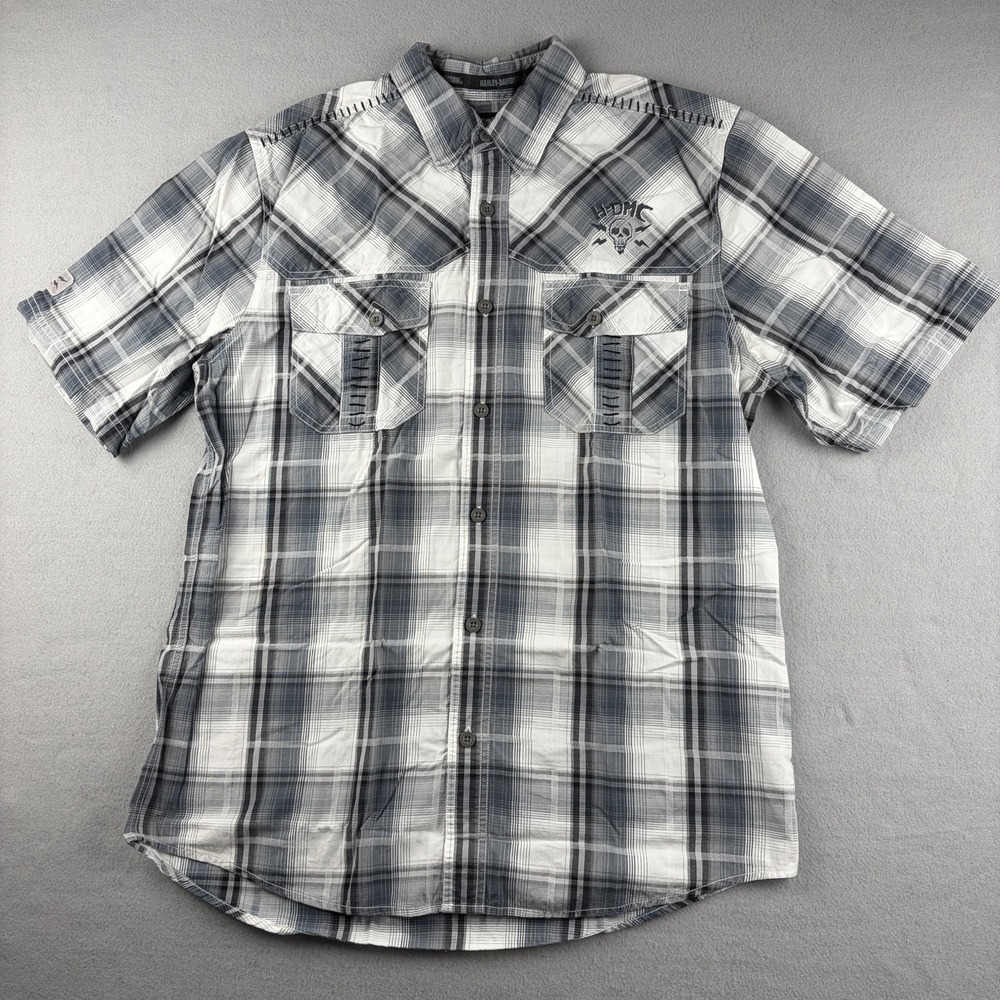 Harley Davidson Plaid Shirt Skull Embroidered Gray Men's Large Tall 2015